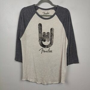 Lucky Brand Fender Graphic Baseball T Shirt Mens Medium Rock Hand Beige Gray Top